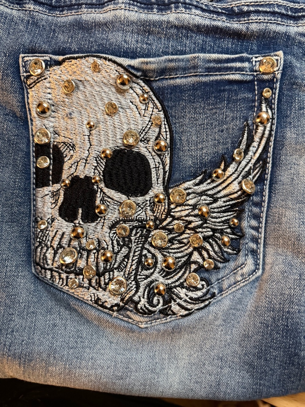 PLATINUM PLUS Women's Blue Embroidered Skull Boot Cut Jeans